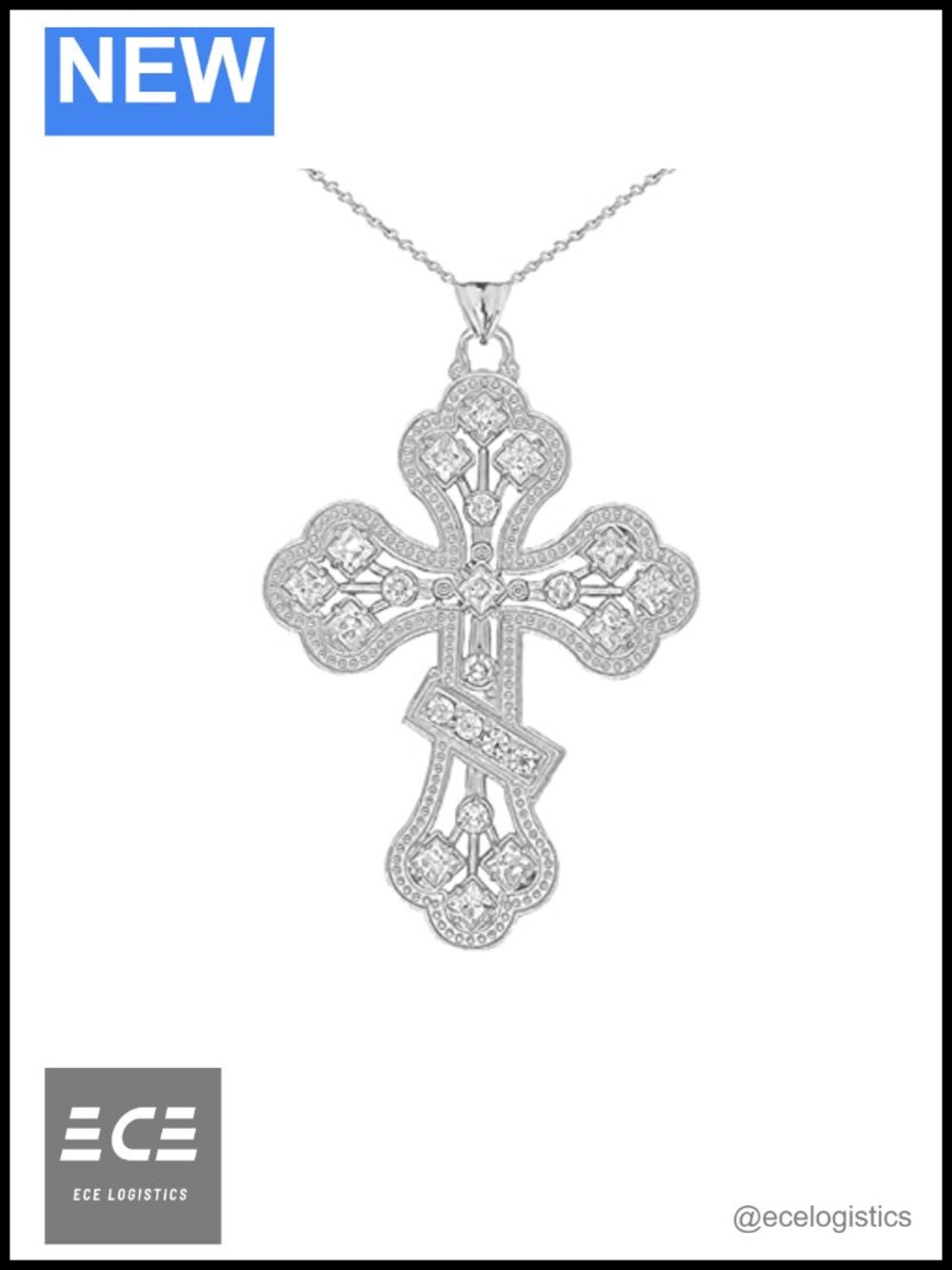 Sterling Silver CZ Russian Orthodox Cross Pendant Necklace 16 in